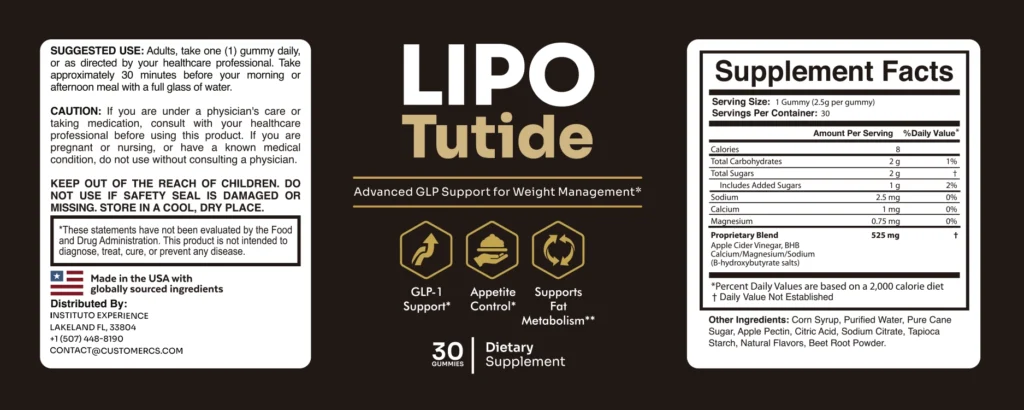Lipotutide supplement facts label showing Apple Cider Vinegar, BHB, Calcium, Magnesium and Sodium in a 525mg proprietary blend — 30 gummies per container